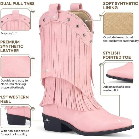 Girls Pink Cowgirl Boots Fringe Western Snip Toe Cowboy Boots for Kids Stylish - Picture 3 of 6